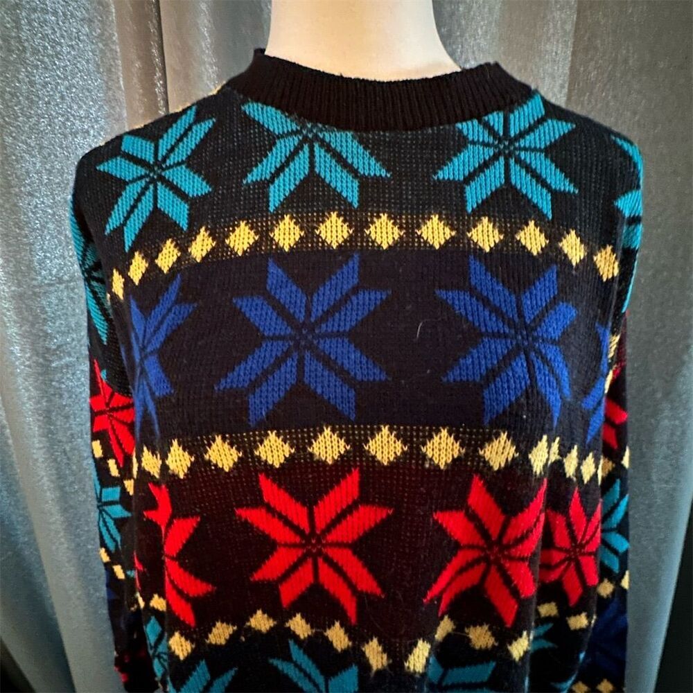 Arielle Vintage 80s Colorblock Star Sweater Women's XL Black Pullover